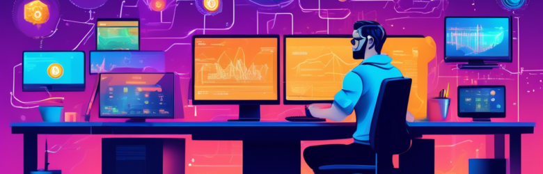 An illustrated scene featuring a tech-savvy individual seated at a desk with multiple computer screens. Each screen displays the homepage of different popular cryptocurrency exchange websites, such as Coinbase, Binance, and Kraken. The background showcases a futuristic, digital financial hub with icons representing various cryptocurrencies like Bitcoin, Ethereum, and Litecoin floating around. The atmosphere is vibrant and bustling, conveying a sense of excitement and innovation in the world of cryptocurrency trading.