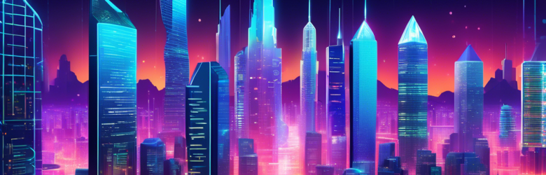 Create a detailed illustration showing a futuristic cityscape with prominent skyscrapers, each representing leading cryptocurrency investment companies. Incorporate elements such as digital currency symbols (Bitcoin, Ethereum, etc.), blockchain graphics, and sleek, modern design. The atmosphere should be vibrant and dynamic, with holographic financial charts and graphs showcasing the growth and trends of cryptocurrency investments in 2023.