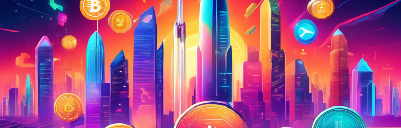 Create a futuristic digital art illustration of various emerging cryptocurrencies symbolized by unique coins, each with distinct logos and colors, ascending like a rocket towards a bright, glowing 2023. The background should feature a high-tech cityscape with holographic charts and graphs showcasing their upward trends.