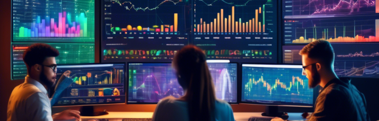 Create an image of a diverse group of people studying a large digital screen displaying various cryptocurrency charts. The screen should show colorful line graphs, candlestick charts, and bar graphs, indicating different types of data and trends. Include elements like Bitcoin, Ethereum, and other major cryptocurrency logos. The setting is a modern, well-lit room with other financial tools and books about investing scattered around. The atmosphere should be educational and engaging, reflecting a sense of curiosity and learning.