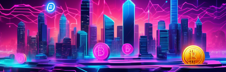 Create a futuristic digital landscape representing the evolution of cryptocurrency, featuring vibrant neon colors, floating blockchain symbols, and abstract representations of diverse cryptocurrencies like Bitcoin and Ethereum. Include elements such as digital wallets, AI-based trading platforms, and virtual reality interfaces, all set against a backdrop of a modern city skyline, symbolizing the integration of technology and finance in everyday life.