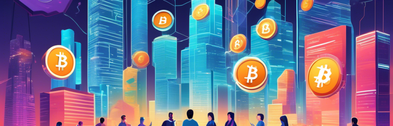 An illustrated beginner's guide to cryptocurrency exchanges, featuring diverse characters engaged in transactions on various exchange platforms, with vibrant graphics showcasing digital currencies like Bitcoin and Ethereum. In the background, a futuristic city skyline symbolizes the digital economy, with elements like blockchains and circuit patterns intertwined. The scene includes instructional elements such as tips and charts to represent learning about trading basics.