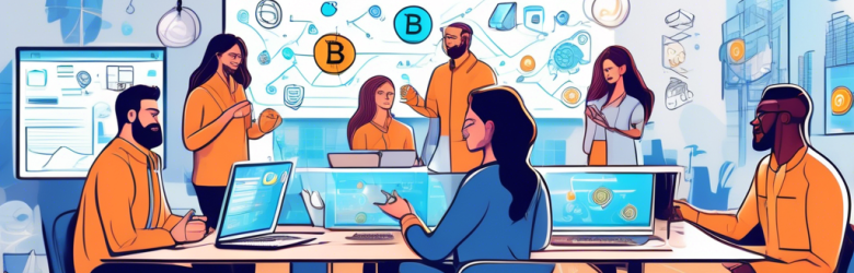 Create an illustrated guide that depicts the process of starting a successful cryptocurrency business. Include elements such as a diverse group of entrepreneurs brainstorming in a modern office, a whiteboard filled with blockchain diagrams, cryptocurrency symbols like Bitcoin and Ethereum, digital wallets, and people discussing strategies over laptops. The scene should convey innovation, teamwork, and the digital nature of the cryptocurrency world, with a vibrant color palette and futuristic technology.