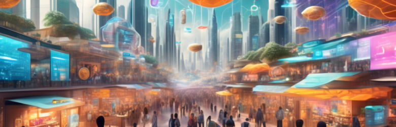 An imaginative cityscape showcasing a futuristic marketplace where people are using electronic currencies for transactions. Visualize vibrant digital wallets, holographic payment screens, and floating currency symbols in a bustling environment filled with diverse people exchanging goods seamlessly. Incorporate elements of technology like drones for delivery, augmented reality advertisements, and eco-friendly designs to highlight the transformation of commerce in a digital age.