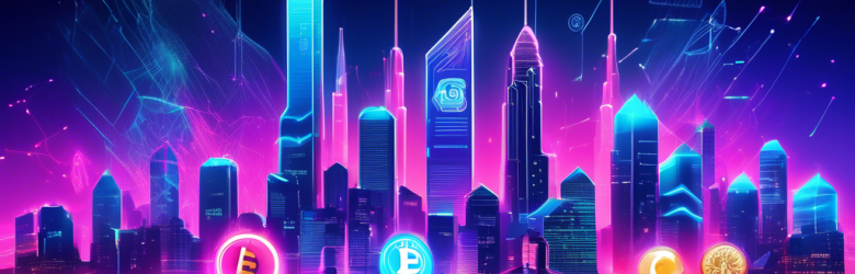 Create a visually striking digital illustration that represents the theme of 'Top 5 Promising Cryptocurrencies to Watch in 2023'. The image should feature a futuristic cityscape in the background, with vibrant neon lights and digital symbols of five different cryptocurrencies prominently displayed in the foreground. Include representations of Ethereum, Cardano, Solana, Avalanche, and Polkadot, each with unique artistic styles to reflect their characteristics. The overall tone should convey excitement and innovation in the world of digital finance.