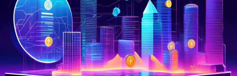 Create an illustration of a futuristic cryptocurrency bank in a vibrant digital landscape, showcasing elements like blockchain technology, diverse currencies, and people engaging in virtual transactions. Include a sleek, modern architecture with holographic displays of cryptocurrency values and financial graphs, highlighting the impact of digital currency on the economy. The scene should evoke a sense of innovation, connectivity, and the evolution of banking in the 21st century.