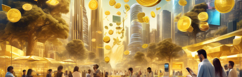 Create an imaginative and futuristic scene depicting a digital marketplace where transactions are conducted using gold-backed digital currency. Illustrate a bustling cityscape with holographic displays of gold coins and digital wallets, people engaging in transactions with smartphones, and elements of nature like gold leaf trees symbolizing the connection between tradition and technology. Include vibrant colors and a sense of innovation to convey the concept of a seamless blend between the old world of gold and the new world of digital finance.