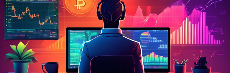 An illustration of a modern home office setup with a sleek computer displaying cryptocurrency charts and graphs. A person, focused and engaged, is analyzing market trends with a notebook and coffee cup nearby. The room has motivational quotes about trading on the walls, and a digital clock displaying live cryptocurrency prices. The atmosphere feels energetic and strategic, with vibrant colors symbolizing the volatility of the cryptocurrency market.