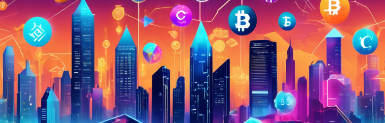 Create an infographic-style image featuring a futuristic city skyline with digital currency symbols floating in the sky, intertwining with graphs that represent market trends. Include eye-catching icons representing the top recommended cryptocurrencies, such as Bitcoin, Ethereum, and others, with arrows illustrating growth and investment potential. The overall color scheme should be vibrant and modern, reflecting the dynamic nature of cryptocurrency trading.