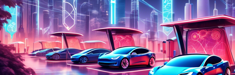 Create an imaginative illustration of a futuristic cityscape where Tesla electric vehicles are charging at solar-powered stations, surrounded by digital currency symbols floating in the air. Depict a vibrant atmosphere with advanced technology and sleek architecture, highlighting the intersection of eco-friendly transport and electronic currency innovation. Include elements like blockchain networks visualized as glowing pathways and people engaging with digital payment methods.